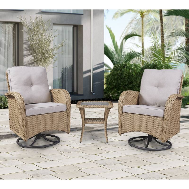 Gymojoy Swivel Patio Chair & Table 3 Piece Outdoor Furniture Set - Yellow Wicker / Beige Cusion