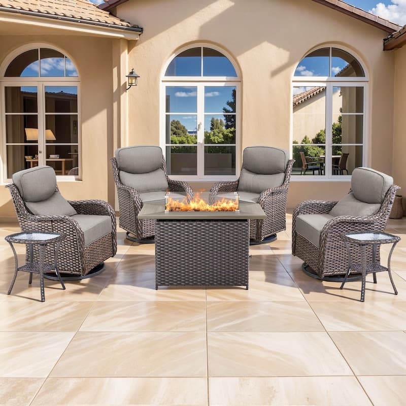 Pocassy Outdoor 6 Inch Sofa Swivel Chairs with Fire Pit Table Set - Brown Wicker Gray Cushion - 7 Pieces Swivel Chair Table with Fire Table
