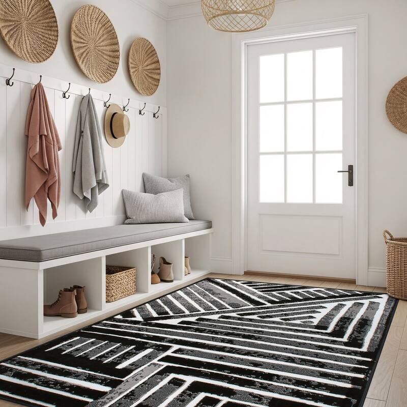 World Rug Gallery Contemporary Stripe Design Black / Gray / Ivory Area Rug