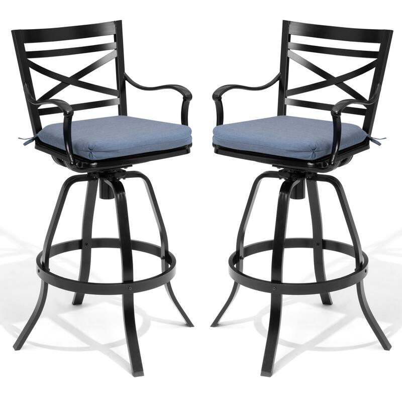 Outdoor Indoor Patio Bar Stools Aluminum Swivel Bar Chair with Sunbrella Cushion - 2-Piece - SpectrumDenim