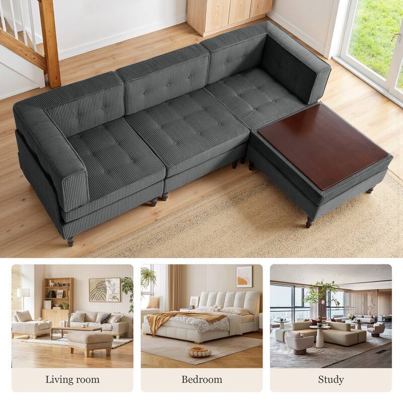 4-Piece 98" W Upholstered Modular Corduroy Sectional Sofa