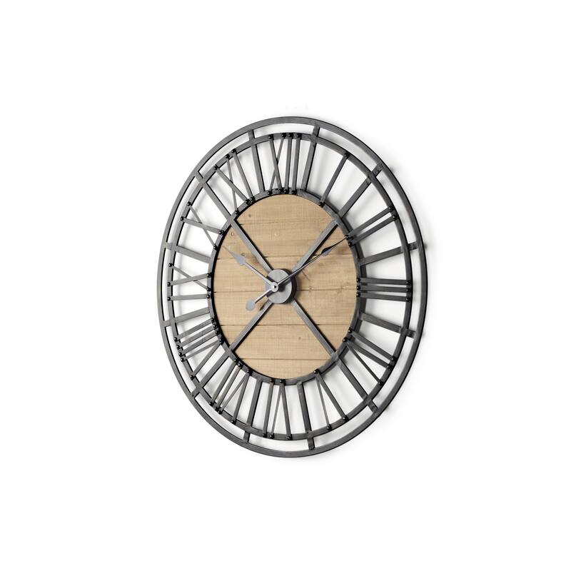 HomeRoots 30" Black And Natural Iron And Wood Analog Round Wall Clock - 30.12 in. x 30.12 in. x 1.97 in.
