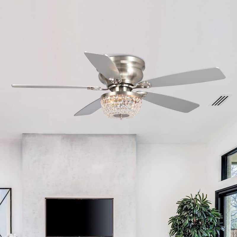 48" Satin Nickel Crystal Low Profile Ceiling Fan with Light and Remote Control