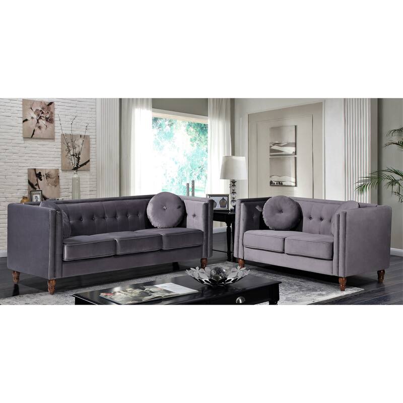 Roberta Velvet 2-Piece Set-Sofa & Loveseat - Grey