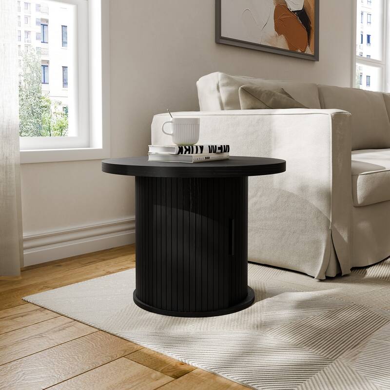 Mid Century Modern Round Coffee Table with Storage, Tambour Door Design Table for Living Room