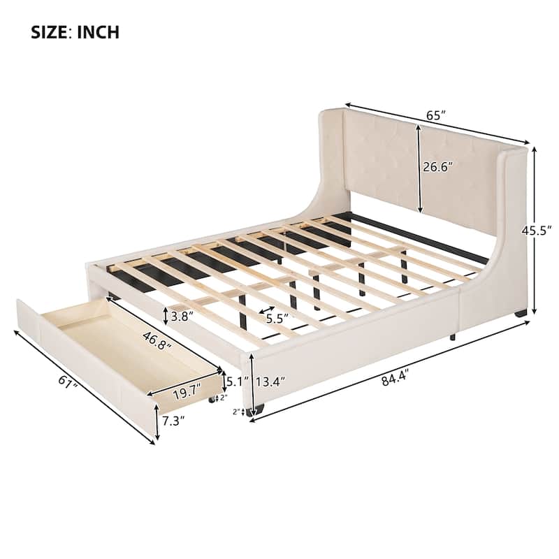 Elegant Queen Velvet Platform Bed with Drawer and Wingback Headboard, No Box Spring Needed