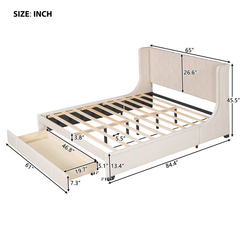 Velvet Upholstered Bed Platform Bed Frame Queen Size Wingback Bed with Tufted Headboard and Large Storage Drawer