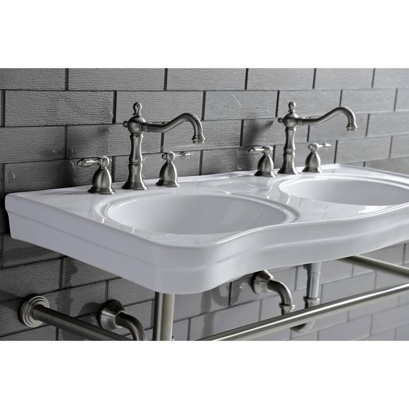 Tudor Deck Mount Widespread Bathroom Faucet with Brass Pop-Up
