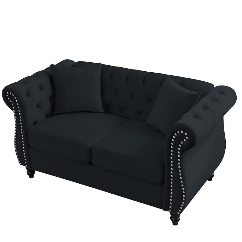 Anmytek Velvet Chesterfield 2-Seater Sofa - Tufted with Rolled Arms Nailhead and 2 Pillows