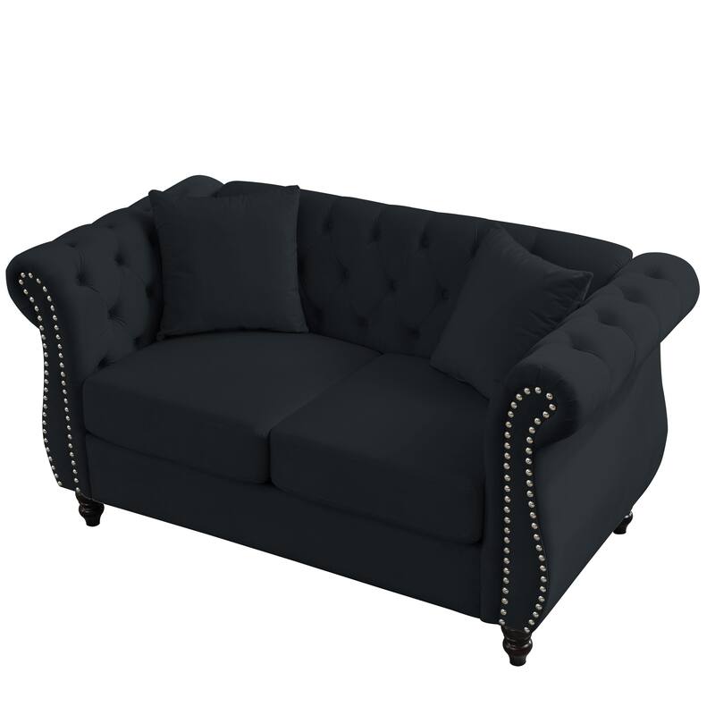 Chesterfield Black Velvet Sofa - 2-Seater Tufted Couch with Rolled Arms and Nailhead Trim, Includes Two Pillows for Living Room