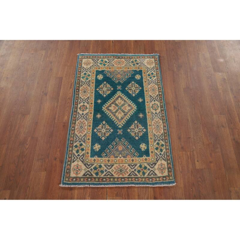 Hand Knotted Oriental 100% Wool Carpet Traditional Geometric Navy Blue & Blues Kazak Area Rug - 3' 0'' X 1' 11''