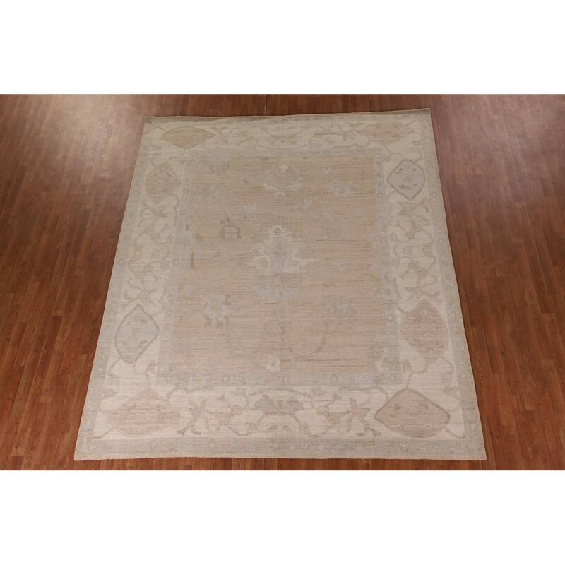 Vegetable Dye Oushak Turkish Rug Handmade Floral Beige Wool Carpet - 7'11" x 10'2"