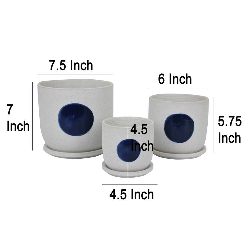 Meon 3pc Garden Planter Set, Textured White and Blue Ceramic Design