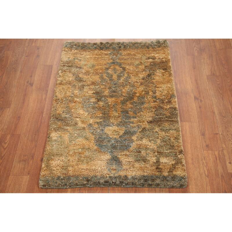 Hand Knotted Oriental Jute Carpet Modern Abstract Yellow & Gold Moroccan Area Rug - 3' 0'' X 2' 0''