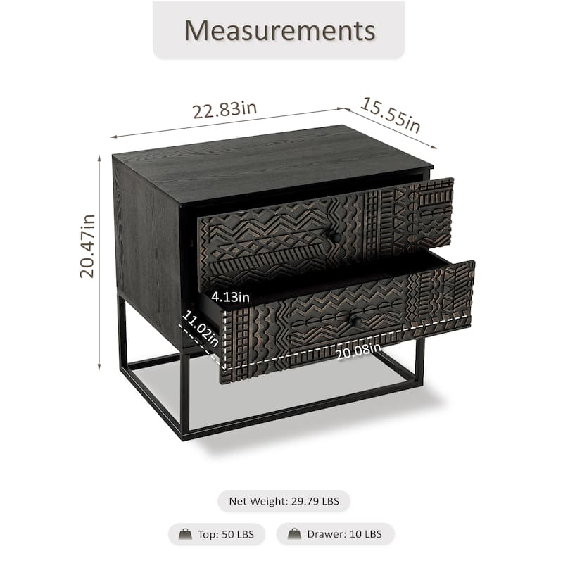 COZAYH Contemporary Black Wood Nightstand with Geometric Carved Front, 2-Drawer Bedside Table with Metal Frame