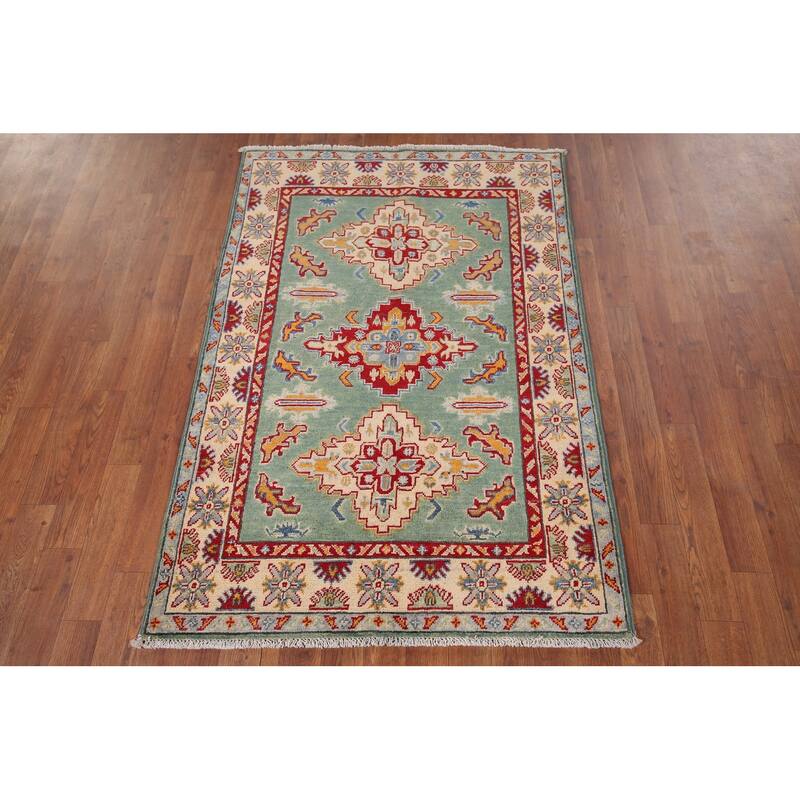 Light Green Kazak Accent Rug Handmade Wool Carpet - 3'5" x 4'11"