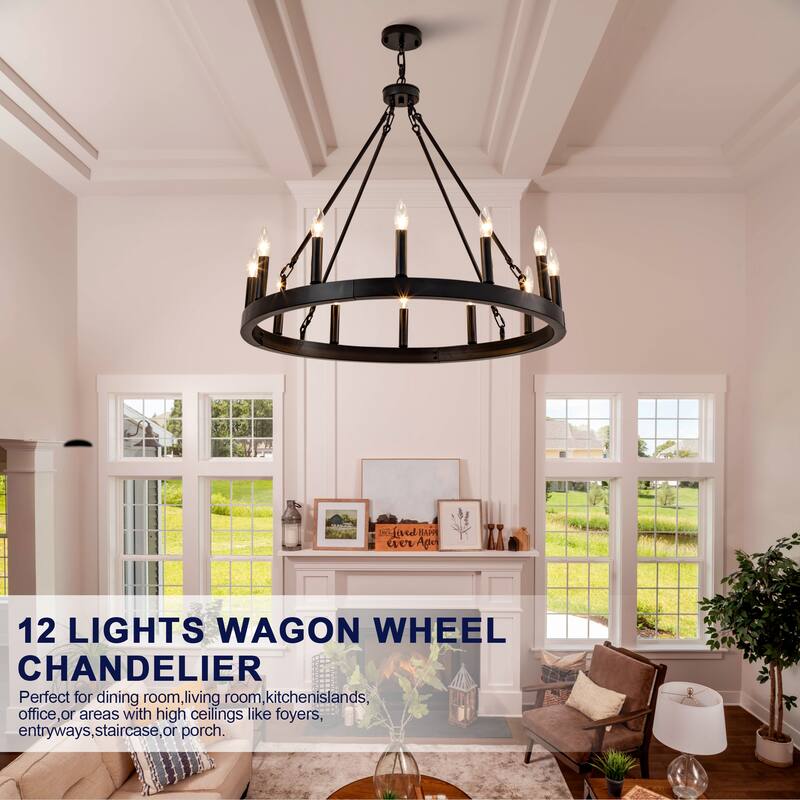 12-Light Wagon Wheel Chandelier, Vintage Ceiling Hanging Pendant Light Fixture
