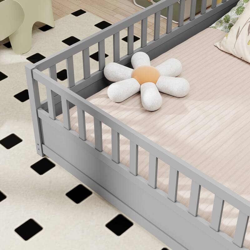 Full Size Pine Wood Floor Bed, Integral Construction with Super High Security Barrier, Door, Children's Floor Bed Frame