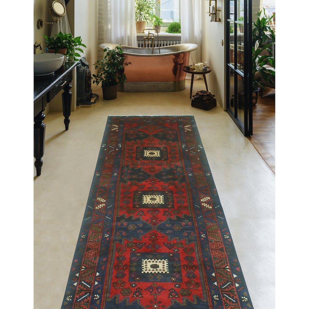 Fine Vintage Distressed Tahu Navy/Red Runner - 3'6" x 10'9"