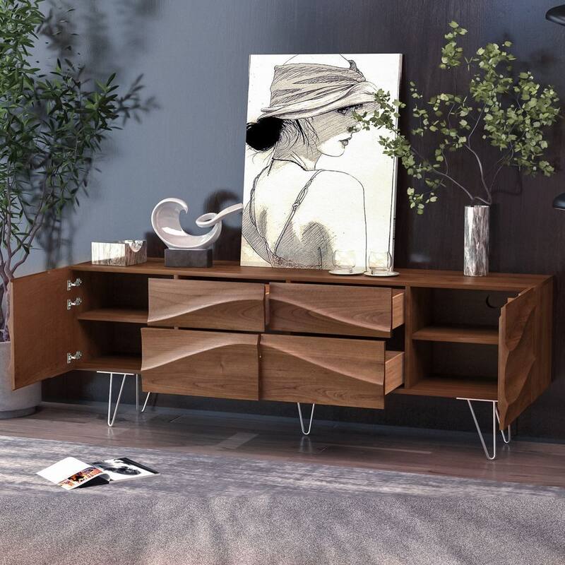Modern Solid Wood TV Stand, Mid-Century TV Bench with Drawers, Cabinets, Tall-Cast Legs, Ash