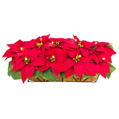 Puleo International 24" Pre-Lit Battery-Operated Artificial Red Poinsettia Window Box Décor