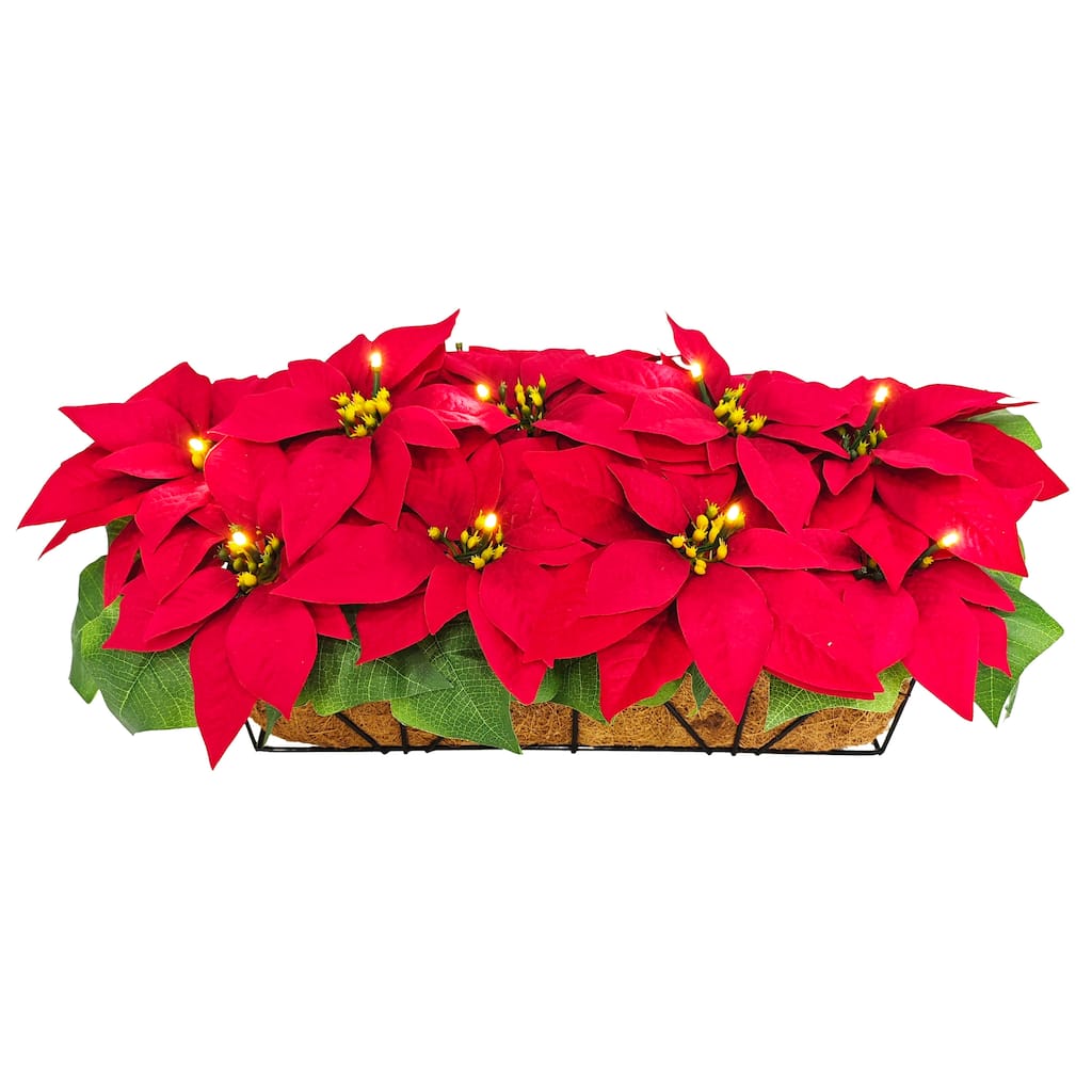 Puleo International 24" Pre-Lit Battery-Operated Artificial Red Poinsettia Window Box Décor