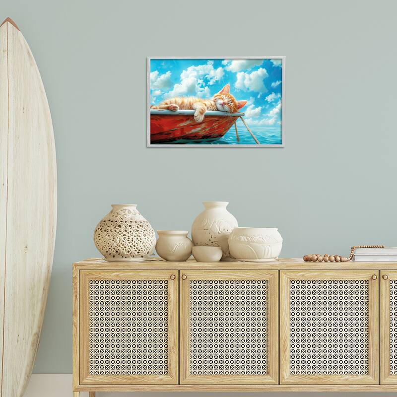 Stupell Sleeping Cat on Boat Framed Giclee Art Design By Parable Visions