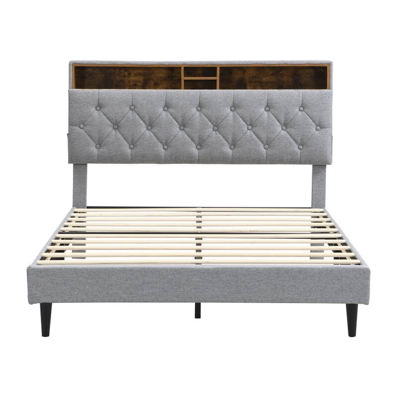 Queen Size Linen Upholstered Platform Bed with Button-Tufted Headboard, USB Charging Station and Side Pockets