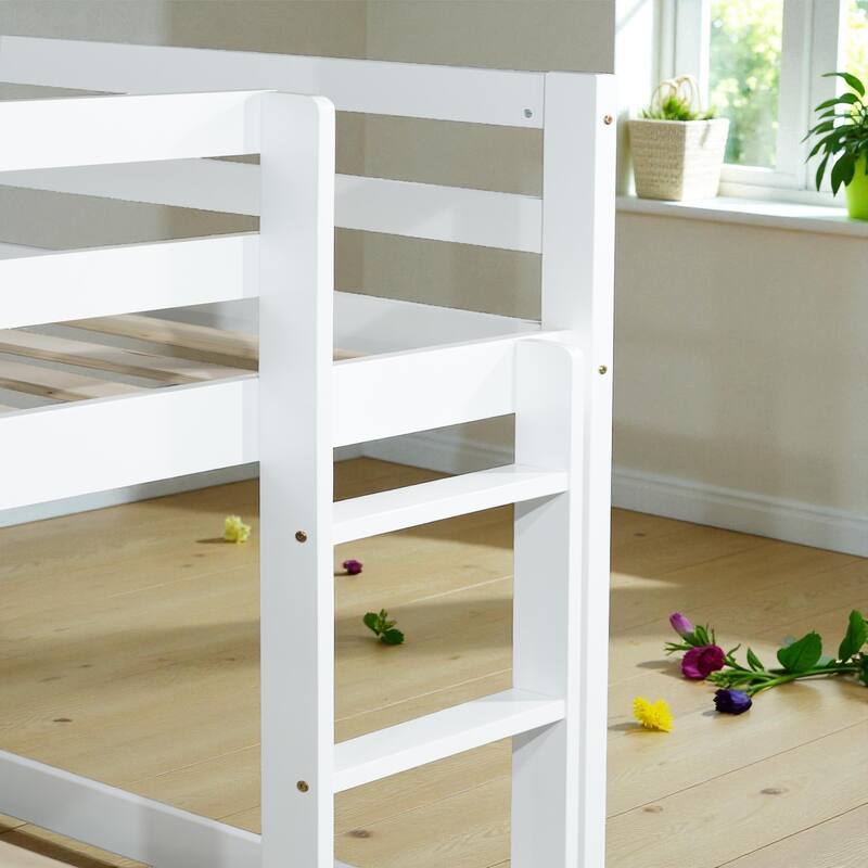 Solid Rubber Wood Twin Over Twin Floor Bunk Bed with Ladder, Low Height Design and Strengthened Slat Support