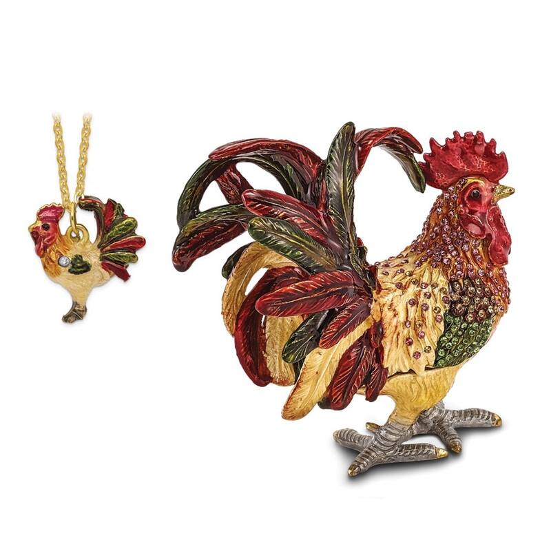 Curata Pewter Bejeweled Crystals Gold-Tone Enameled Rory Strutting Rooster Trinket Box on 18 Inch Necklace