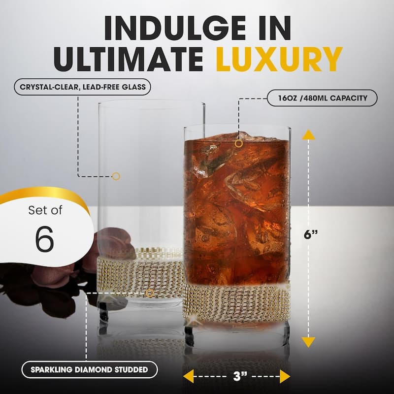 Berkware Luxurious Highball Cocktail Sparkling"Diamond" Studded Glasses