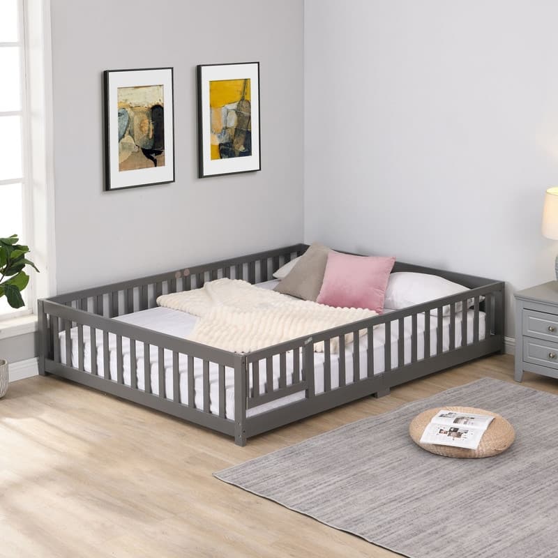 Solid Wood Platform Bed Frame with Fence，Queen/Full/Twin Size - Grey - Twin