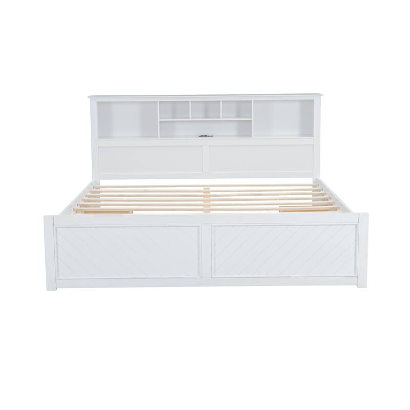 King Platform Bed with Multi-Storage Headboard, USB Ports, Drawers, and Pine Wood Construction - Perfect for Modern Bedrooms