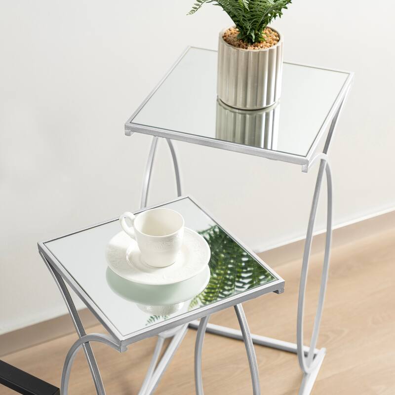 Glitzhome Set of 2 Glam Glass Modern Square/Octagon Gold/Silver Side Table Sofa Table