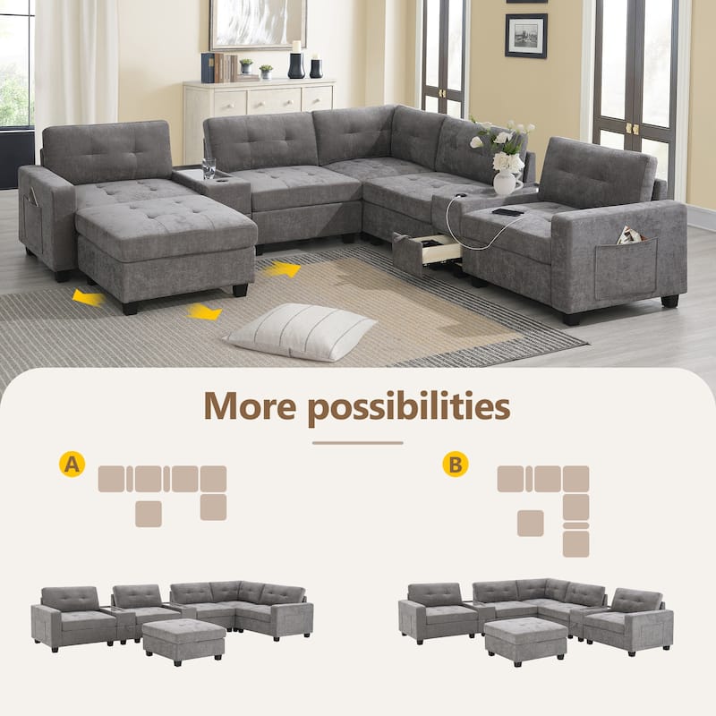 104" Chenille U-Shaped Sectional Sofa with Acrylic Table Tops 2 Consoles Storage Drawers USB Charging Movable Ottoman