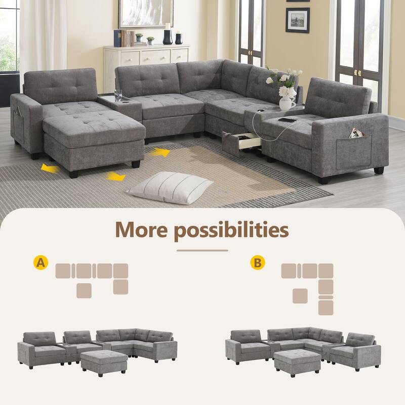 104" Chenille U-Shaped Sectional Sofa with USB & 2 Acrylic Side Tables
