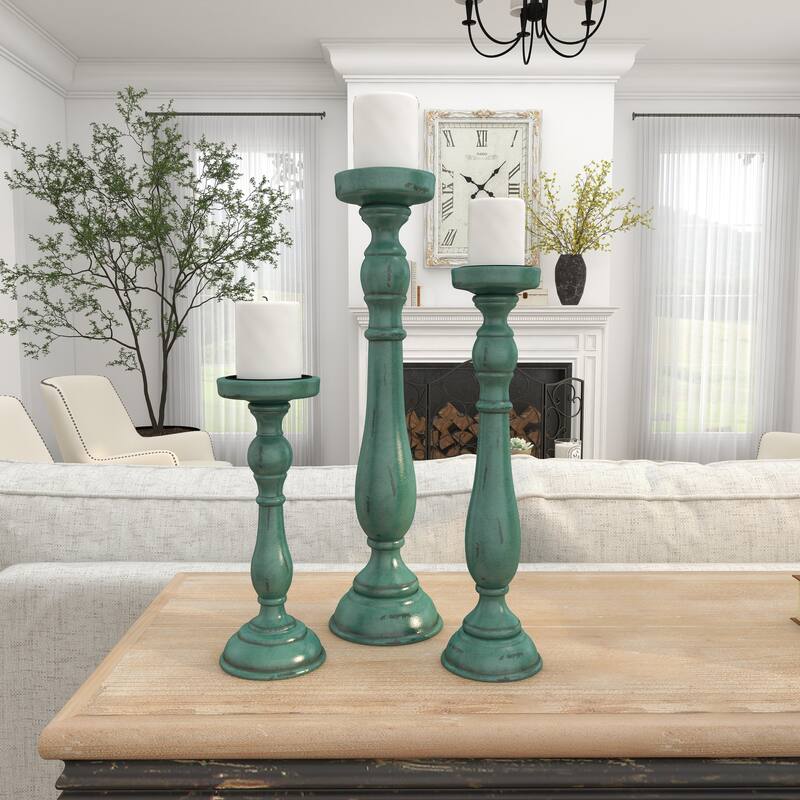 Teal Wooden Distressed Turned Decorative Candle Holder (Set of 3)