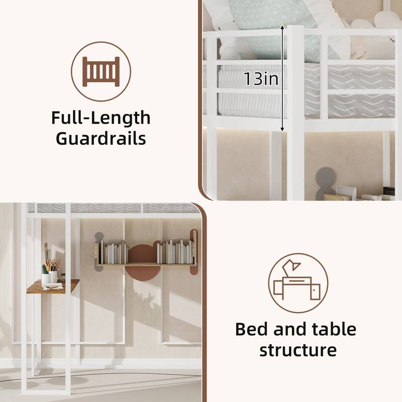 Iron frame bed with bed and table with stairs on both sides