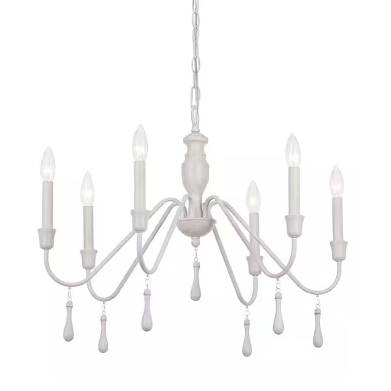 Alsy 26"W 6-Light Distressed-White Beaded Modern Farmhouse Cottage Chandelier