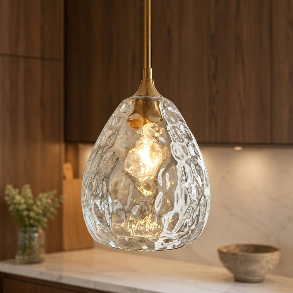 LALUZ Modern 1-Light Brass Gold Pendant Hand-blown Clear Glass Light for Kitchen Island