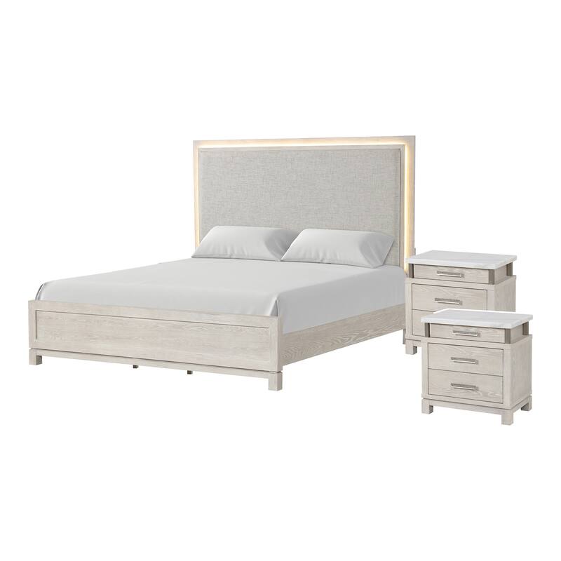 Furniture of America Nansice 3-Piece Weathered Grey Wood Panel Bedroom Set with LED Headboard