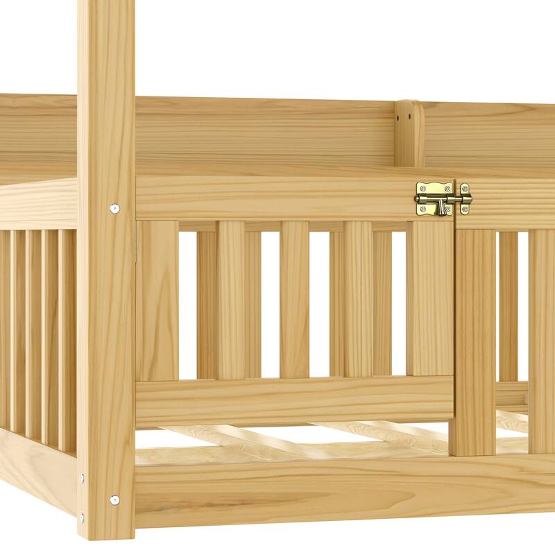 Roomfitters Canopy Floor Bed with Guardrails and Shelves, Solid Wood Montessori Frame