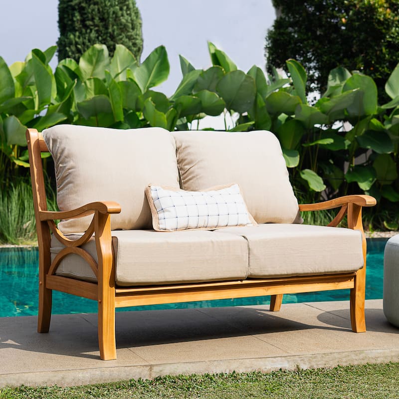 Cambridge Casual Lowell Teak Patio Loveseat with Cushion - Natural Teak/Beige Cushion