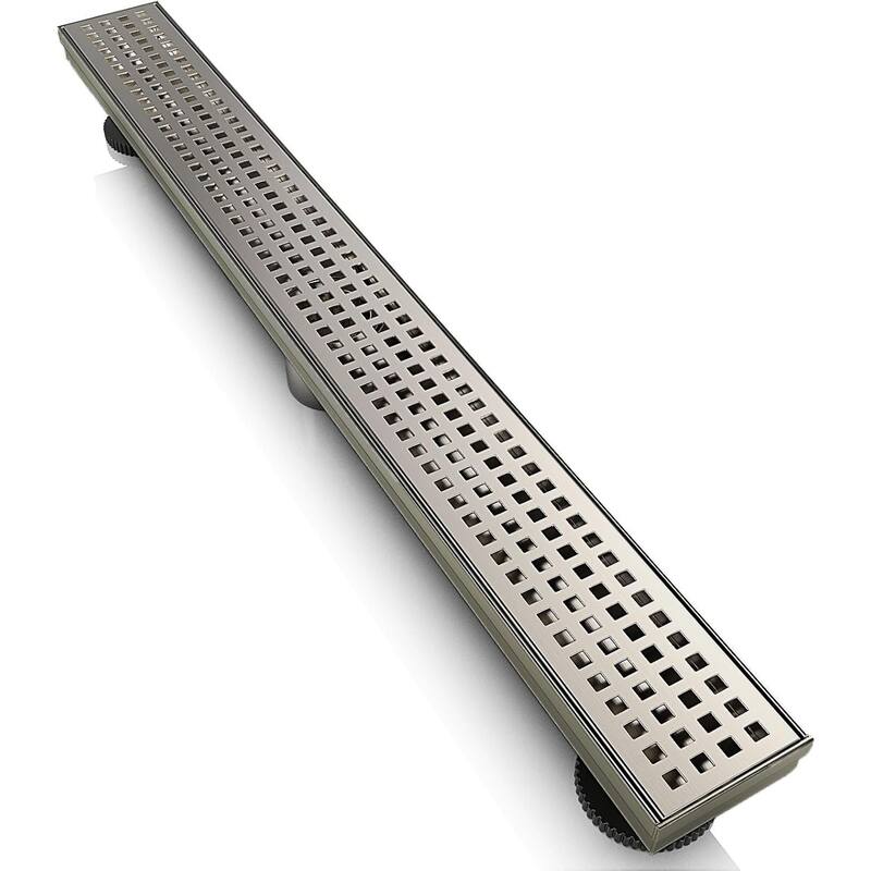 24-Inch Linear Shower Floor Drain, Square Hole Grate - 24 inch - Brushed Nickel