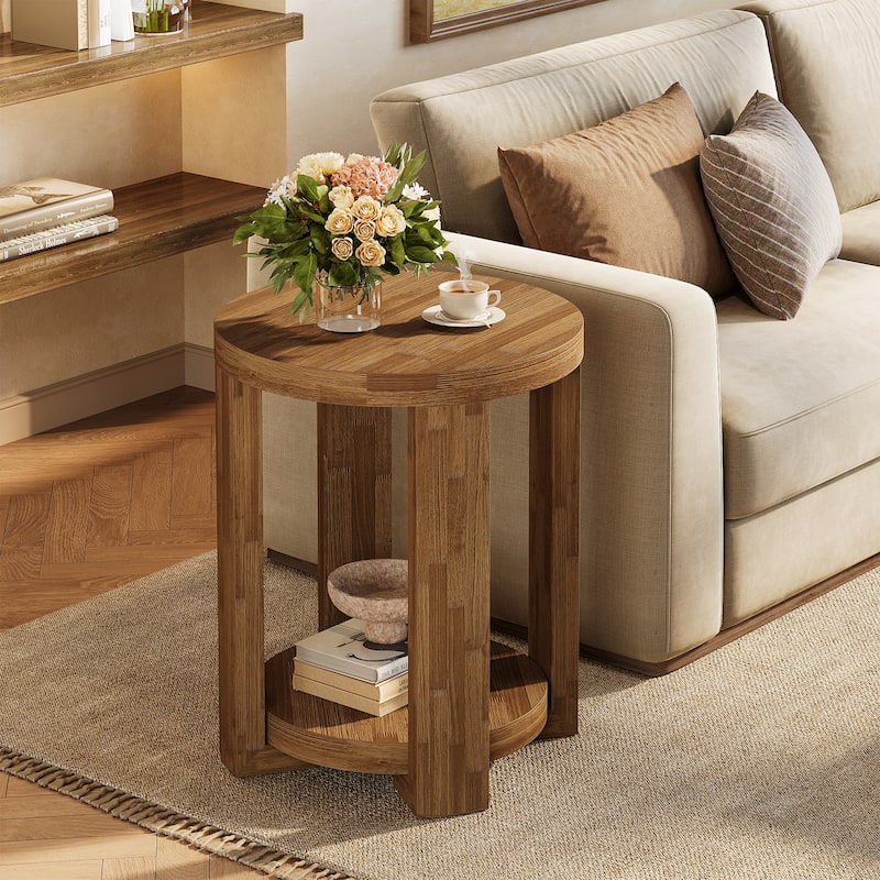 Side Table, 2-Tier Round End Table, Small Bedside Accent Furniture for Living Room, Bedroom