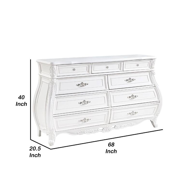 Valena 9 Drawer Wide Dresser, White Solid Wood with Carved Accents