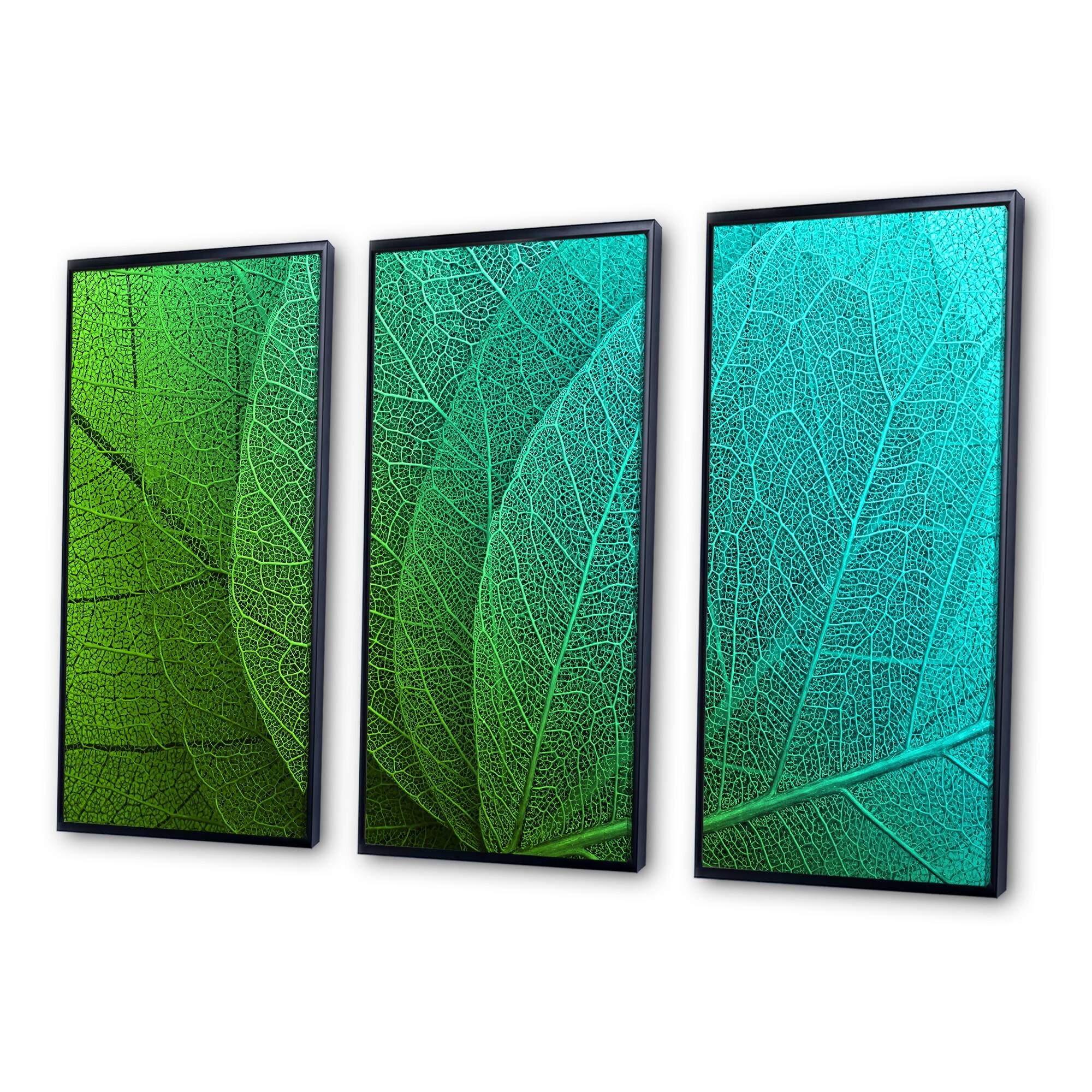 Designart "Macro Zoom Of Green Leaves" Traditional Framed Wall Art Set of 3 4 Colors of Frames