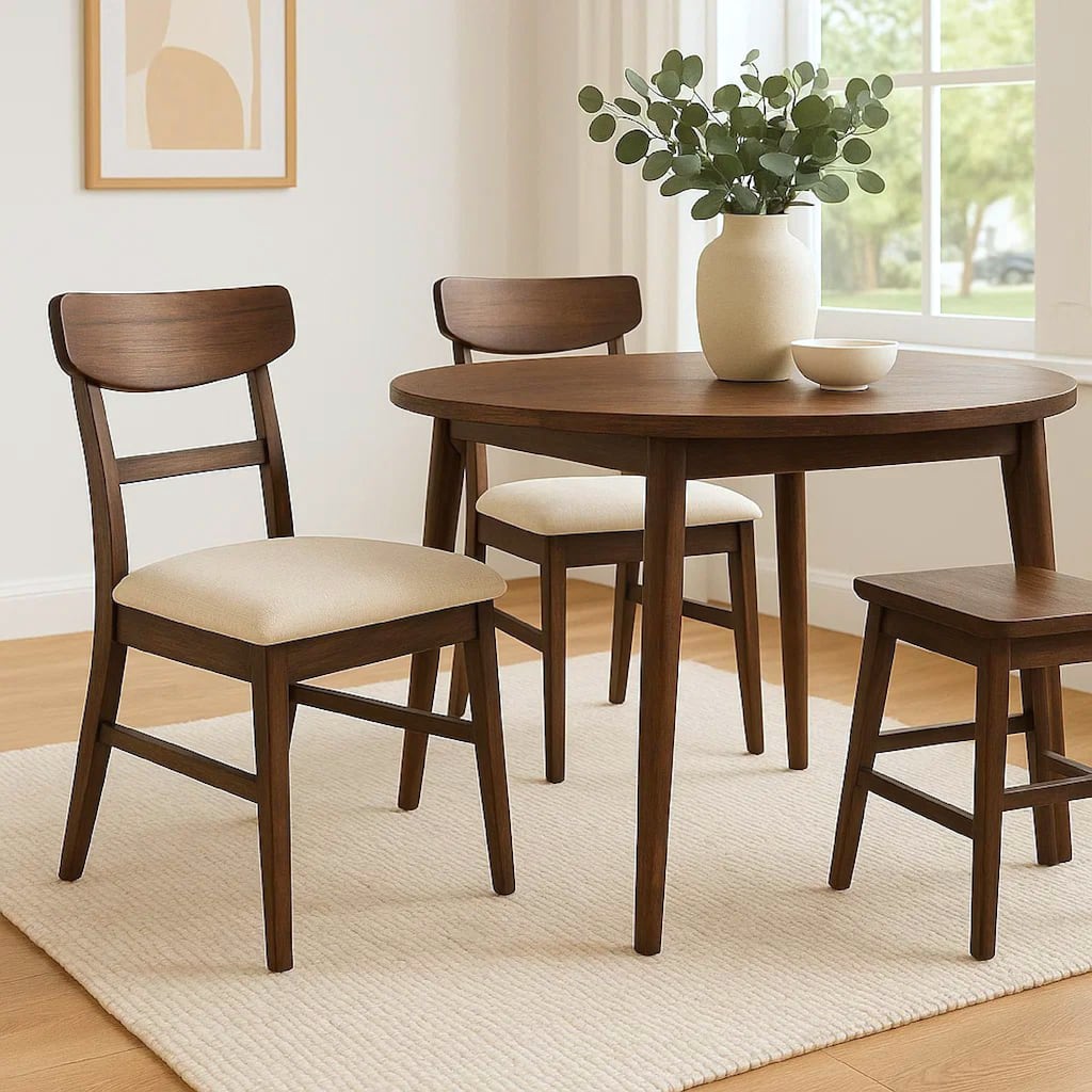 Amy Dining Chair Set of 2, Curved Back, Beige Seat, Dark Brown Solid Wood