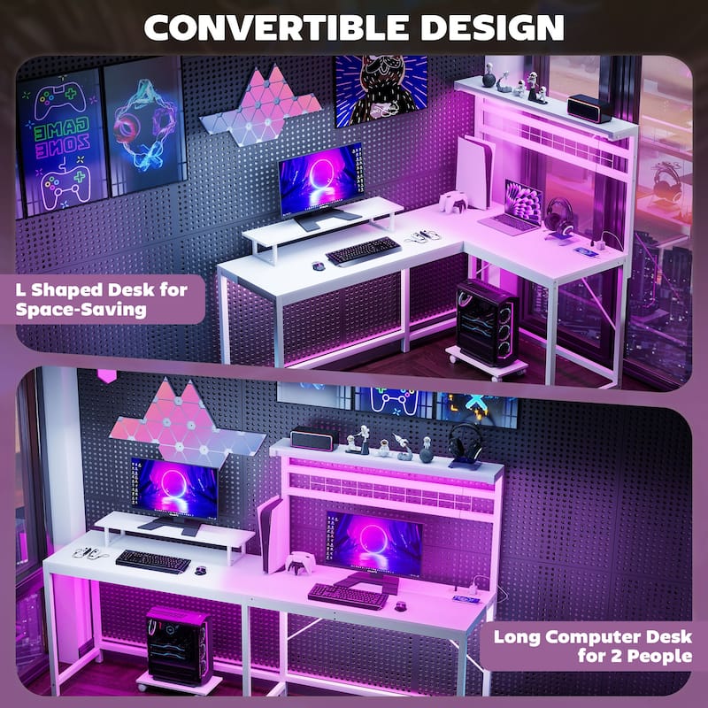 HOMCOM Gaming Desk, 62" L Shaped Desk with Power Outlets & LED Lights, 86" 2 Person Computer Table with Shelf