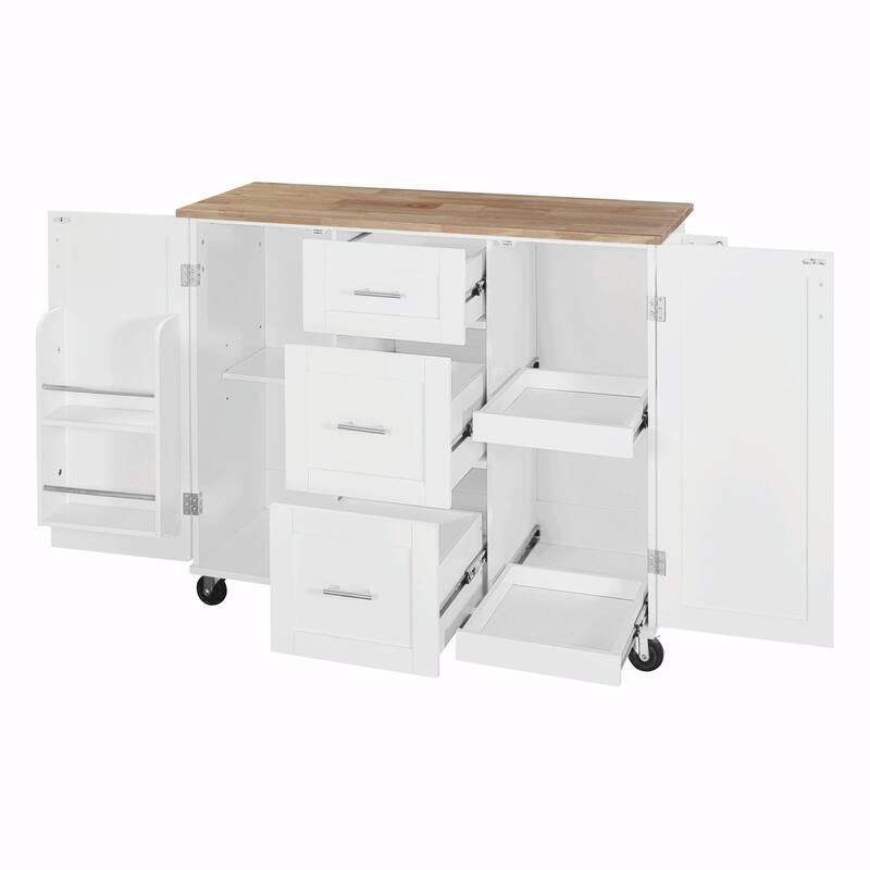 Rolling Kitchen Island with Rubber Wood Top, Drawers, Shelves, Internal Storage, Wheels, Spice & Towel Racks